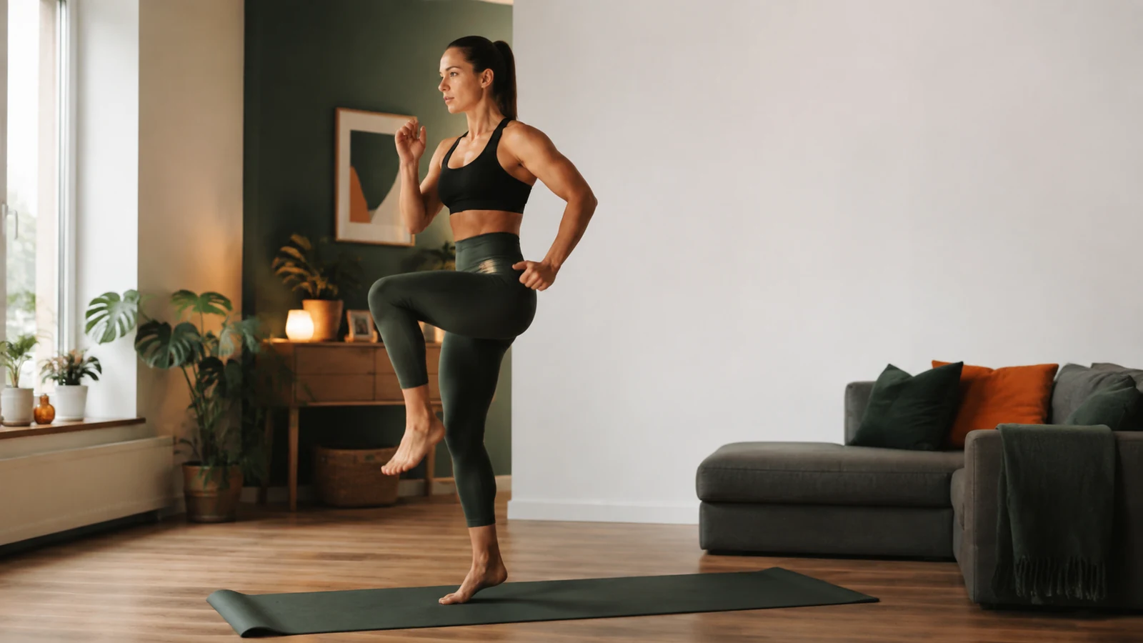 Woman performs a quiet high-knee march on an exercise mat in a small living room.