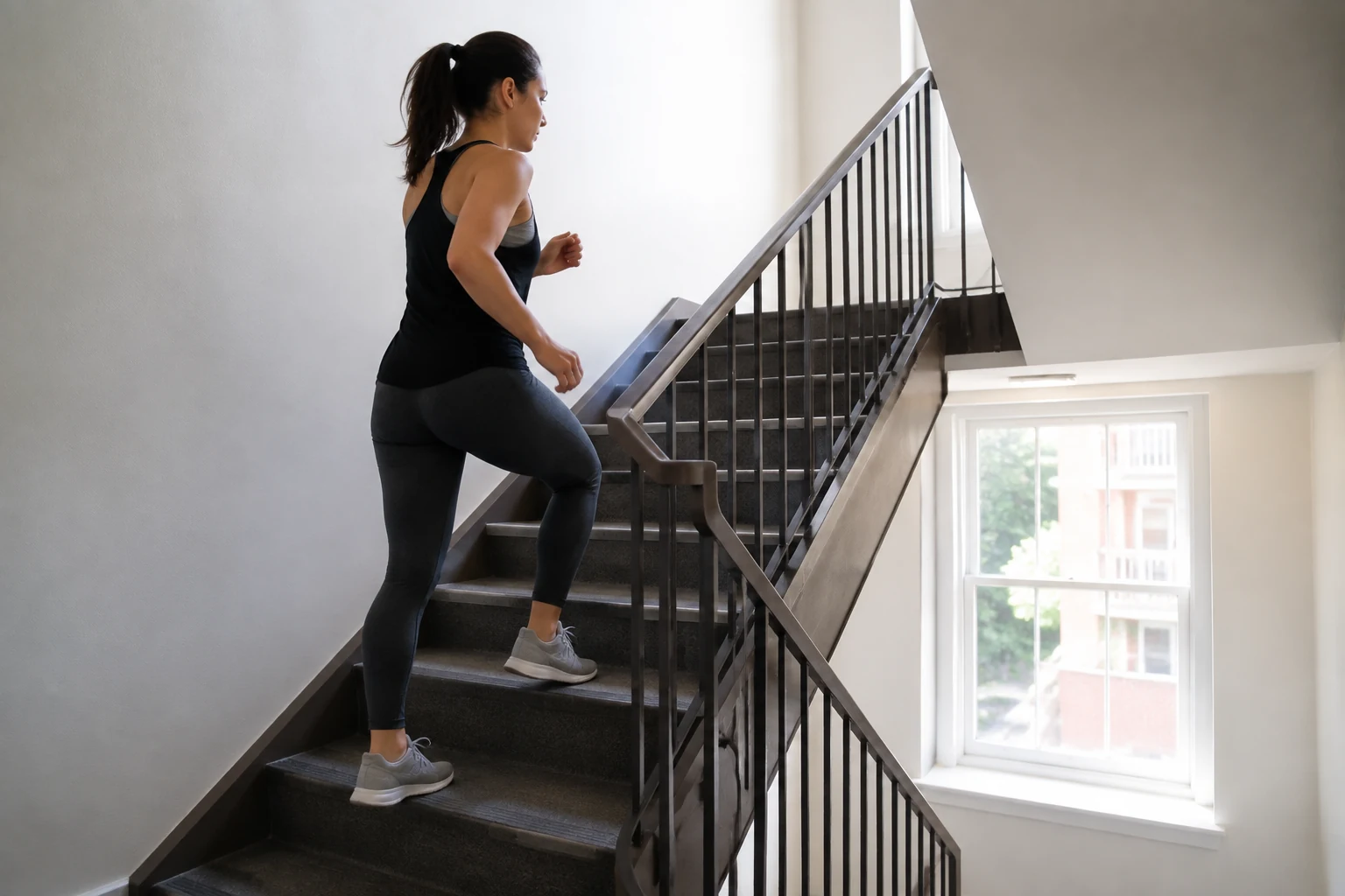 Woman briskly walks up carpeted apartment stairs with one foot planted.