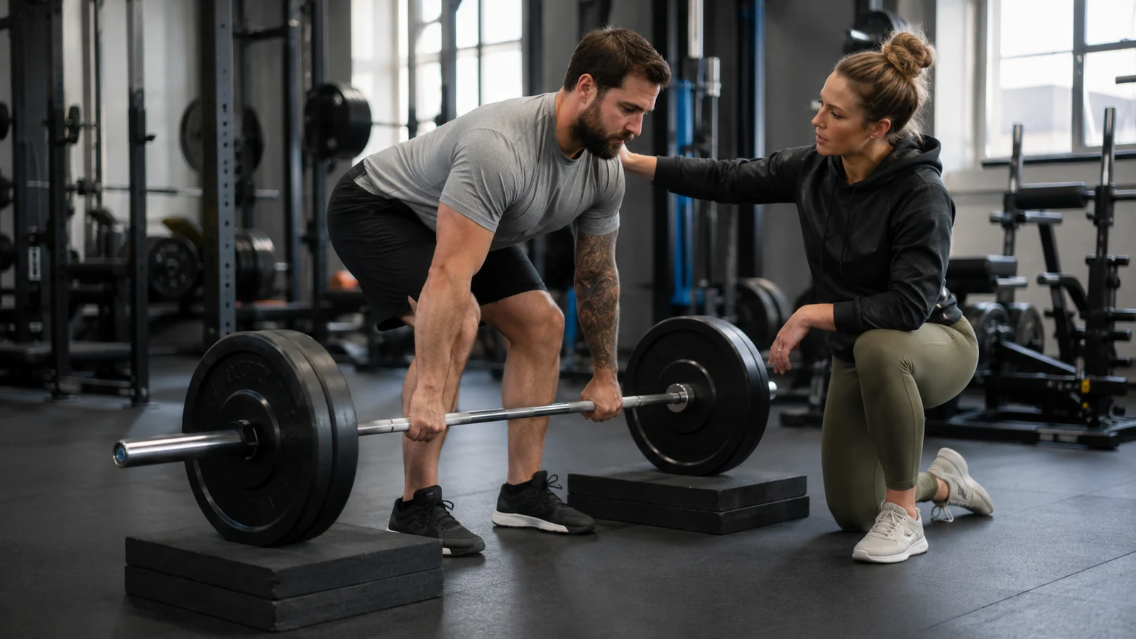 Recreational lifter practicing an elevated block pull while a coach cues a neutral spine