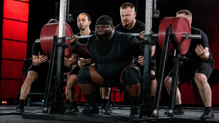 Ray Williams driving upward in a heavily loaded raw squat as four spotters track the bar.
