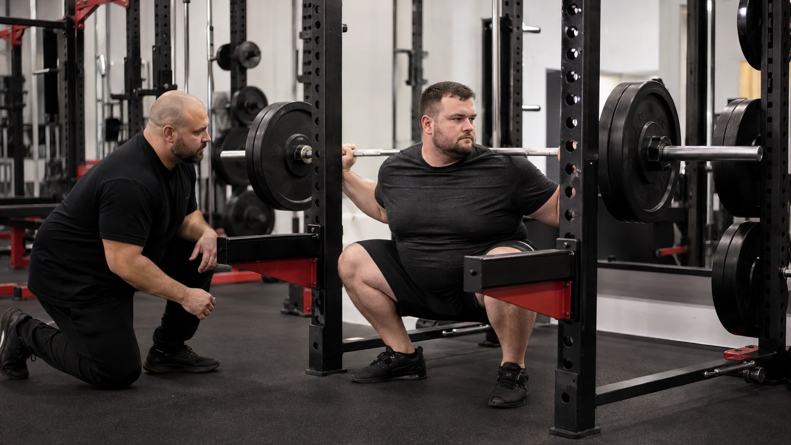 Large recreational lifter practicing squat bracing and depth in a power rack while a coach watches.