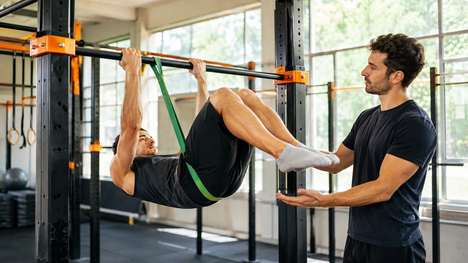 A recreational man practices an assisted tuck front lever with a resistance band while a coach spots him