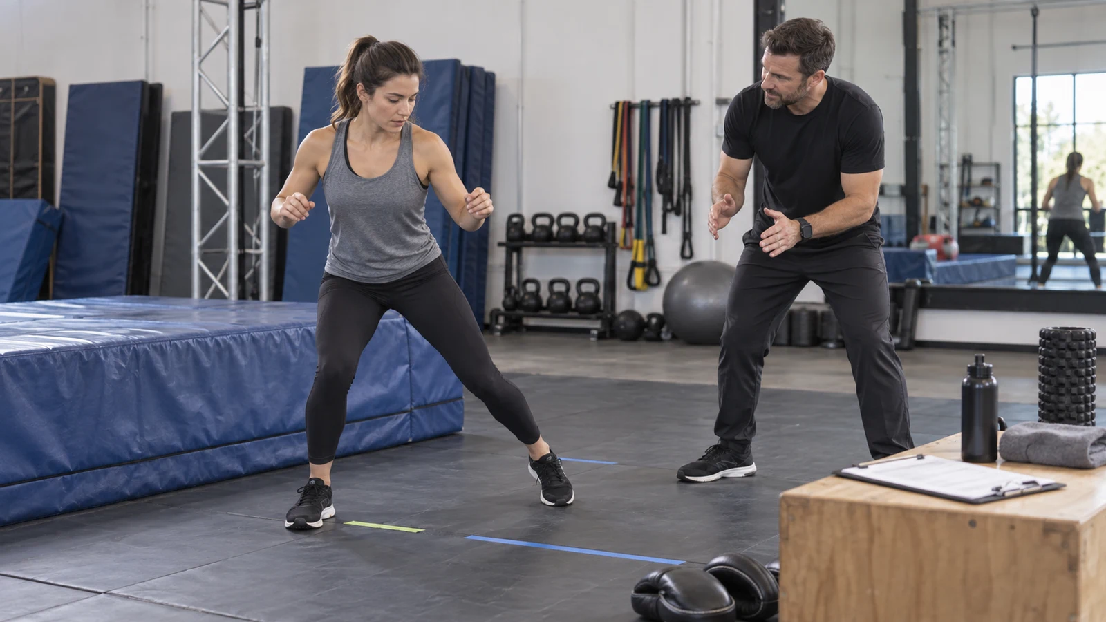 Generic trainee and stunt coach practicing controlled footwork beside crash mats