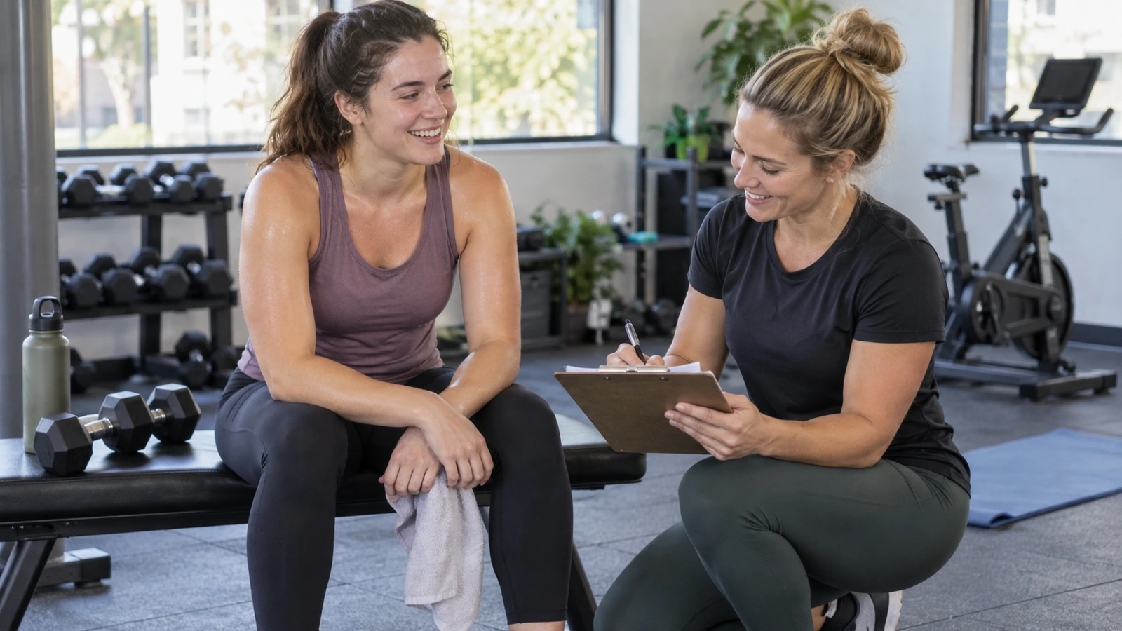 Generic trainee and coach recording dumbbell load and repetitions after a full-body circuit