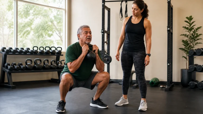 Older man performs a kettlebell goblet squat with a trainer nearby