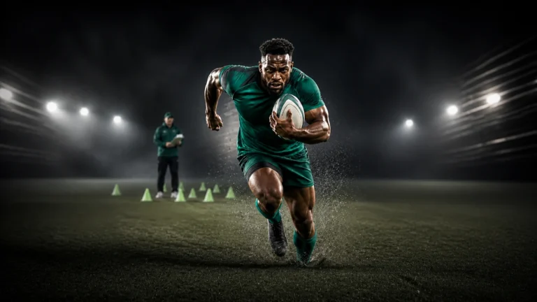 Rugby athlete runs with the ball while a coach observes a field training drill