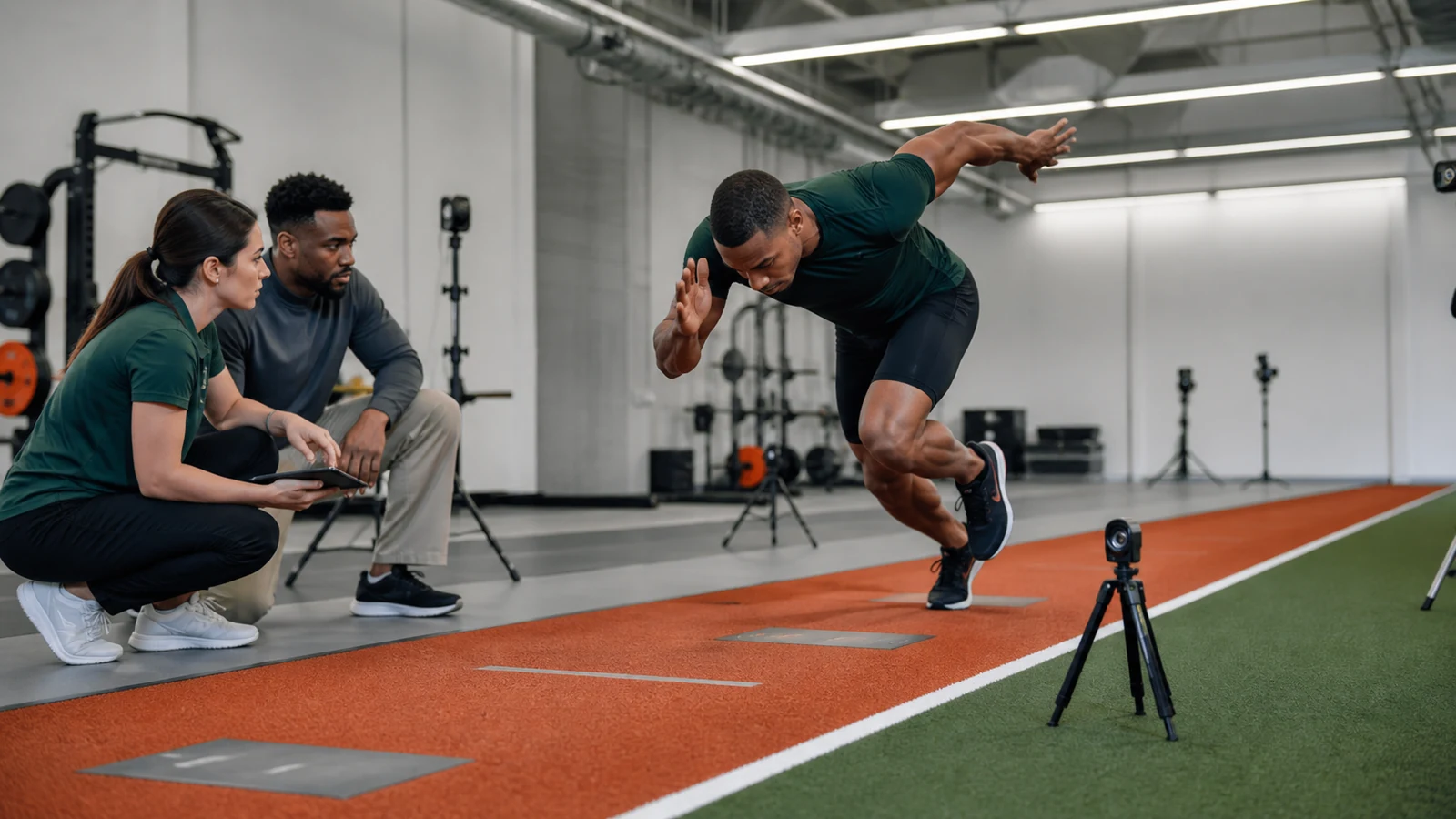 Two coaches observe a sprinter using cameras and force plates in a biomechanics training lab
