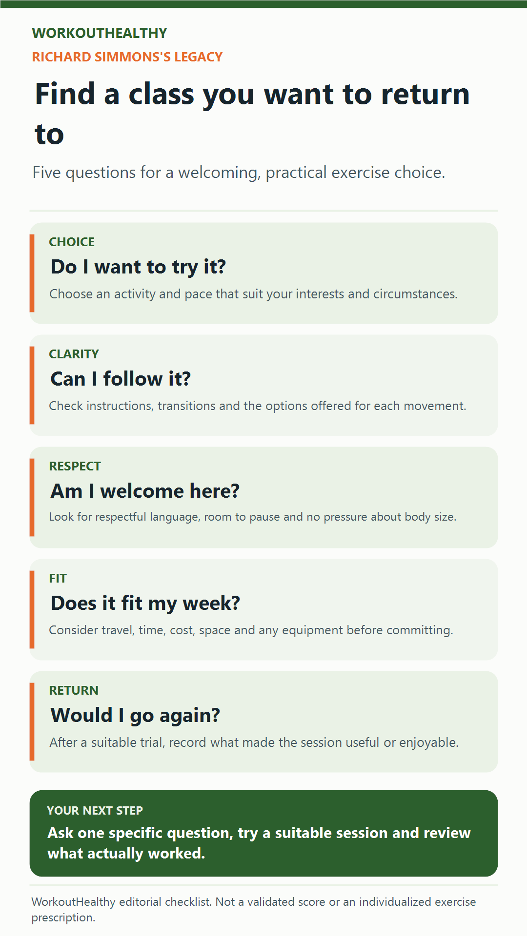 Five questions for choosing a welcoming exercise class: choice, clarity, respect, fit in your week, and whether you want to return.