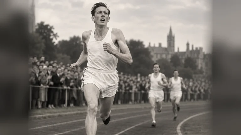 AI-generated historical illustration of a runner on a 1950s-style track; not a documentary photograph of Roger Bannister or his 1954 race.