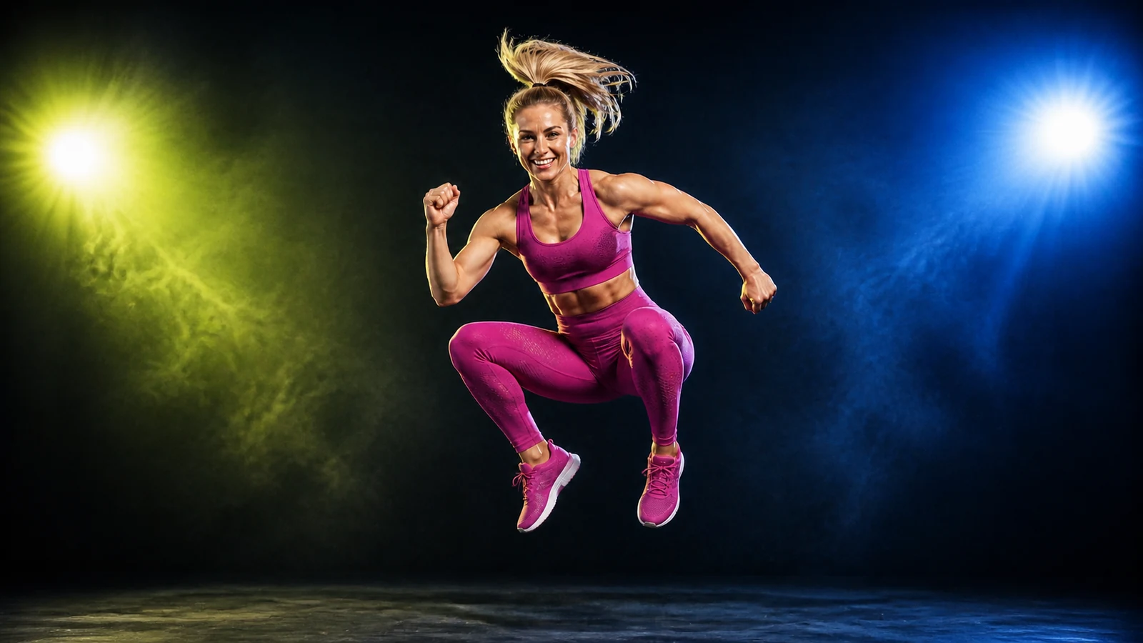 Woman in magenta workout clothing performing a tuck jump in a lit studio