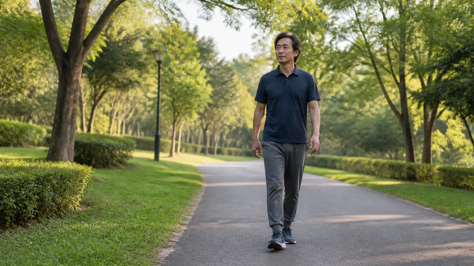 Man taking a relaxed walk on a level park path on a lower-impact day