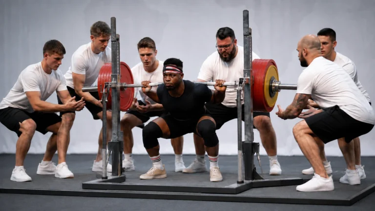 Russel Orhii performing a competition back squat with spotters