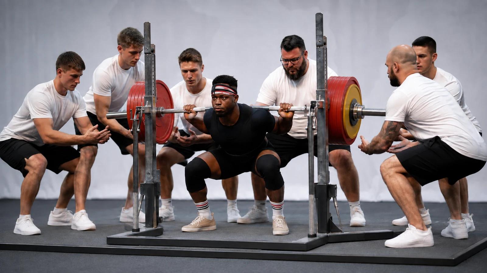 Russel Orhii performing a competition back squat with spotters