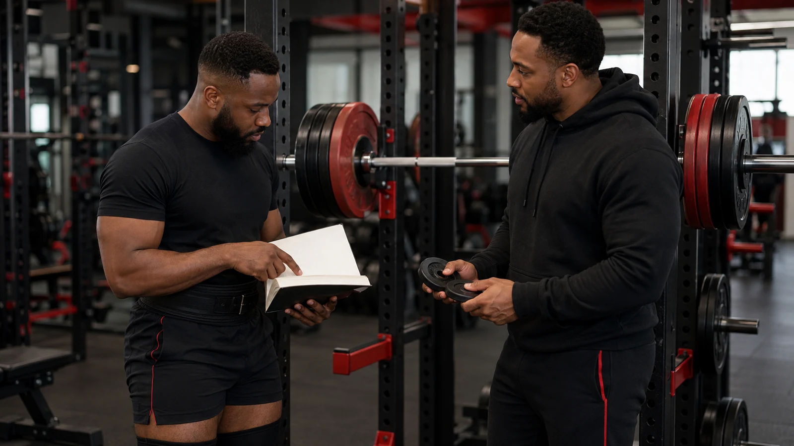 Powerlifter and coach planning a gradual squat increase with small change plates