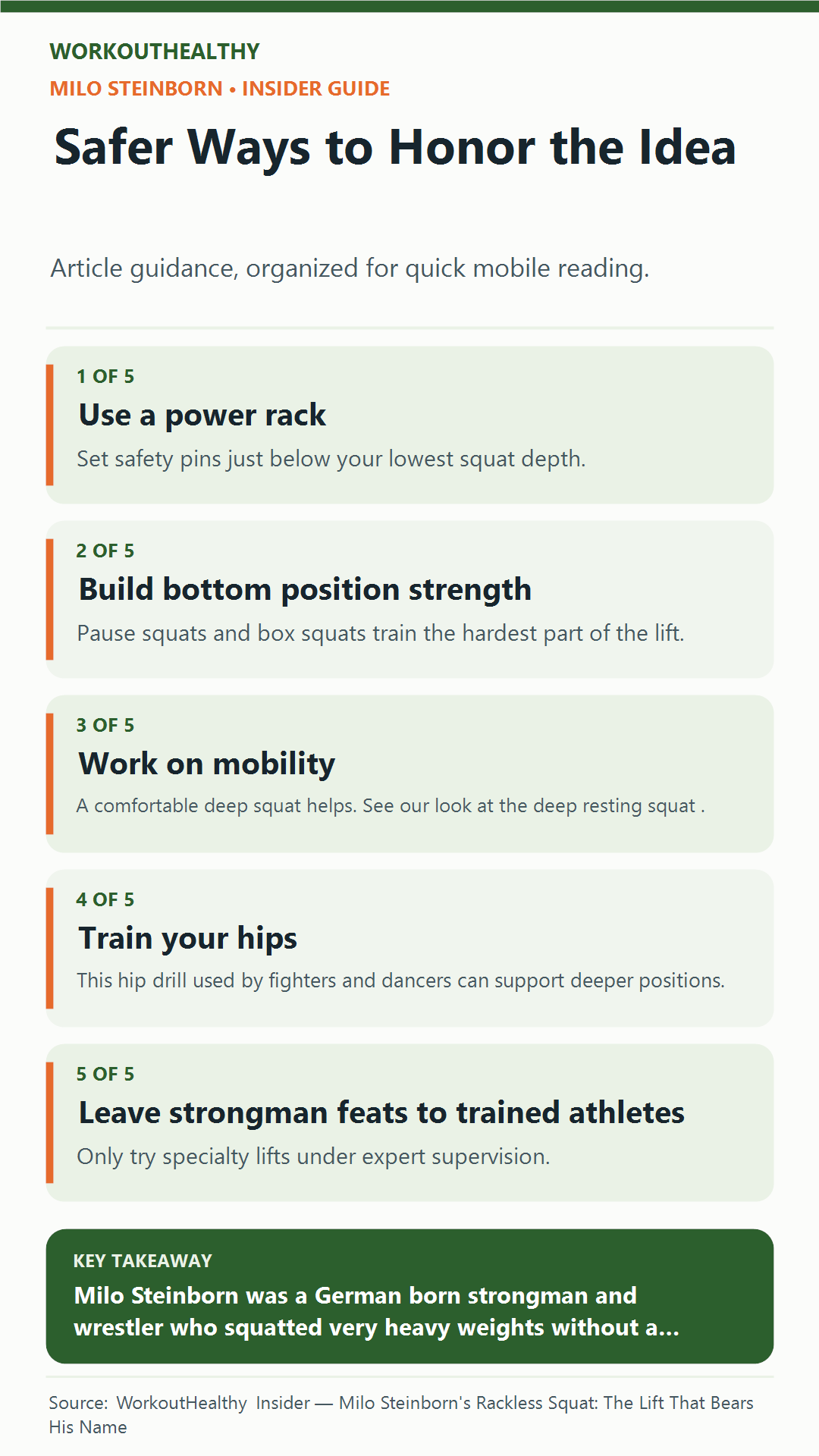 Safer Ways to Honor the Idea: 5 practical points from the WorkoutHealthy Insider article about Milo Steinborn.