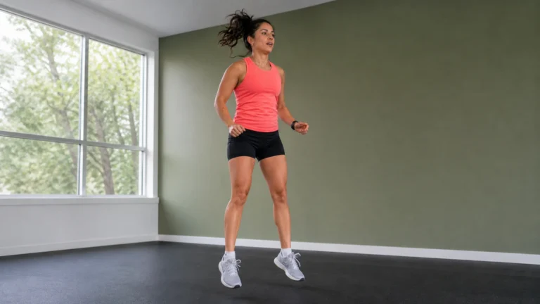 Woman in a coral top doing an in-place bodyweight cardio movement in a bright room.