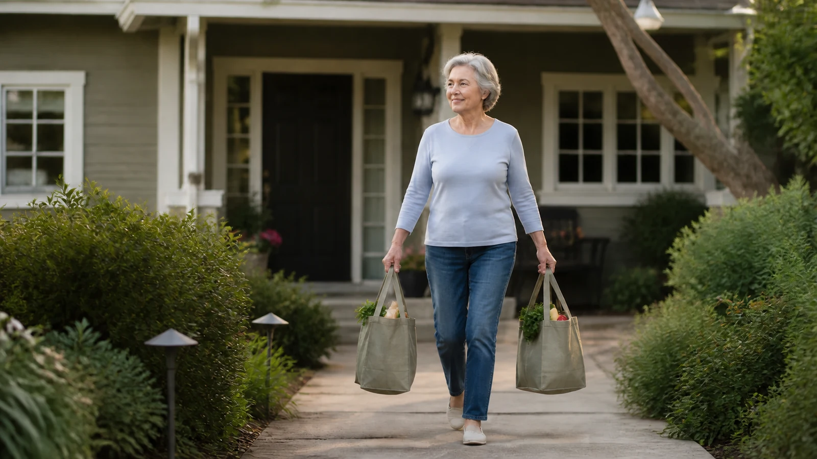Older woman carrying two modest grocery bags along a clear level path to her home.