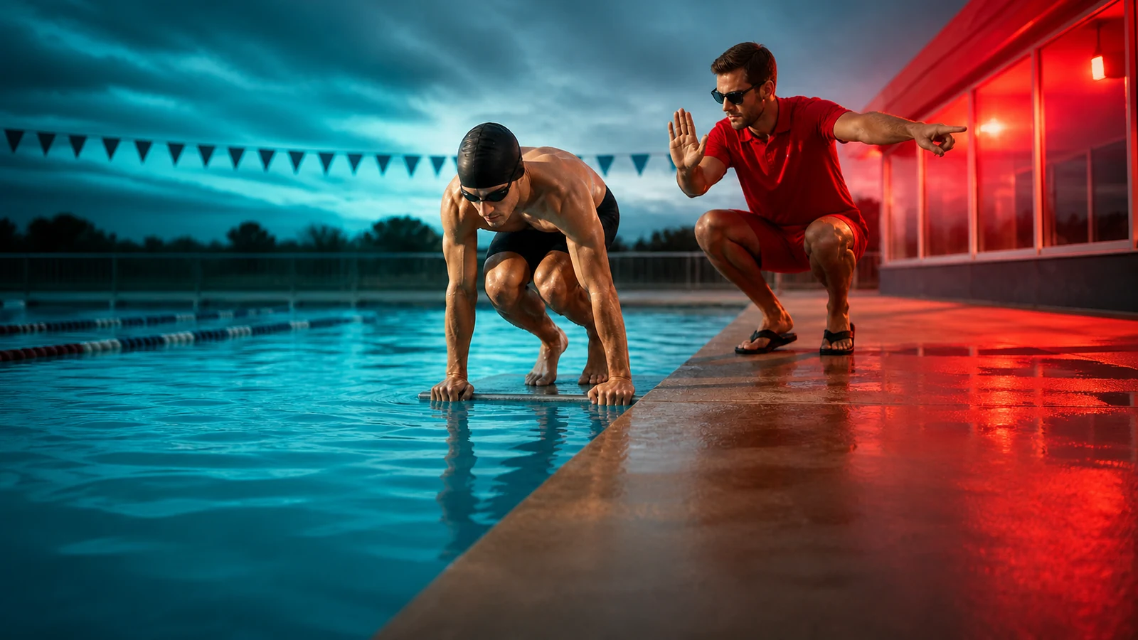 Lifeguard signaling a swimmer to stop before entering a pool feet first