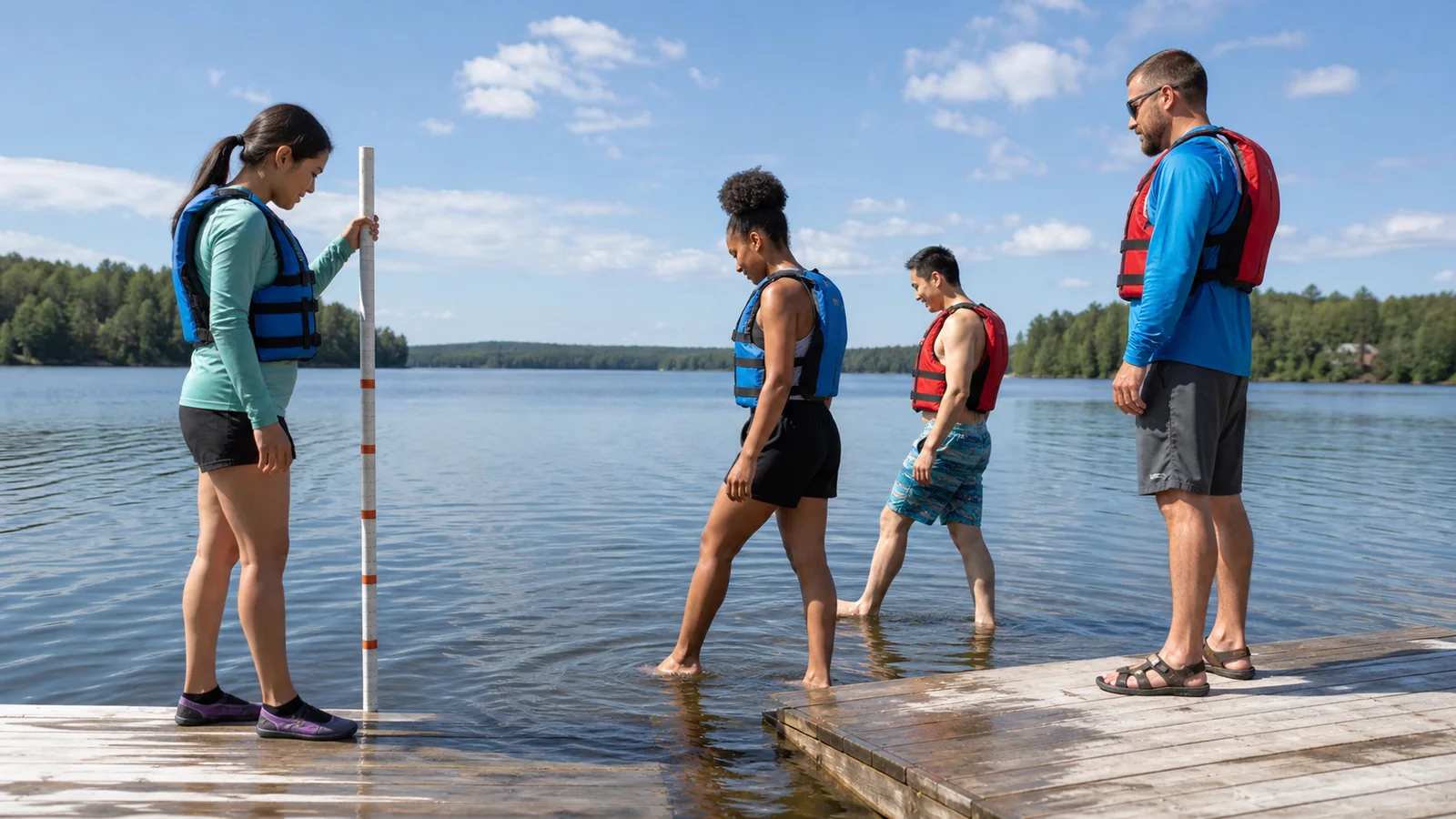 Adults entering unfamiliar lake water feet first while wearing life jackets and checking the depth