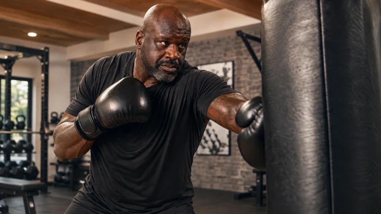 Shaquille O'Neal training with boxing gloves beside a heavy bag in a gym
