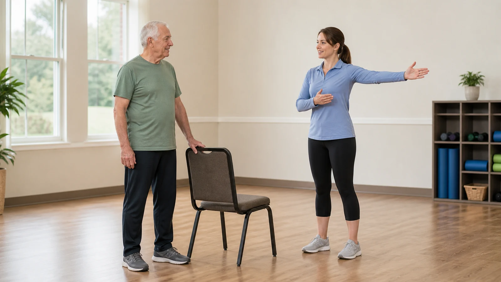 Older adult discussing an adapted standing-movement routine with an instructor beside a stable support chair.