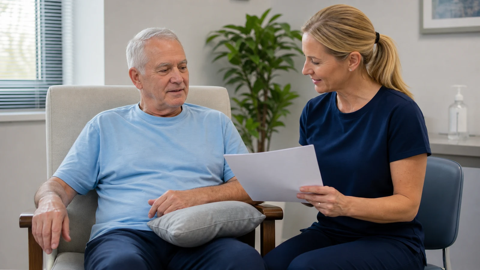 Illustrative photo of an older man with a supported forearm reviewing a care plan with a clinician