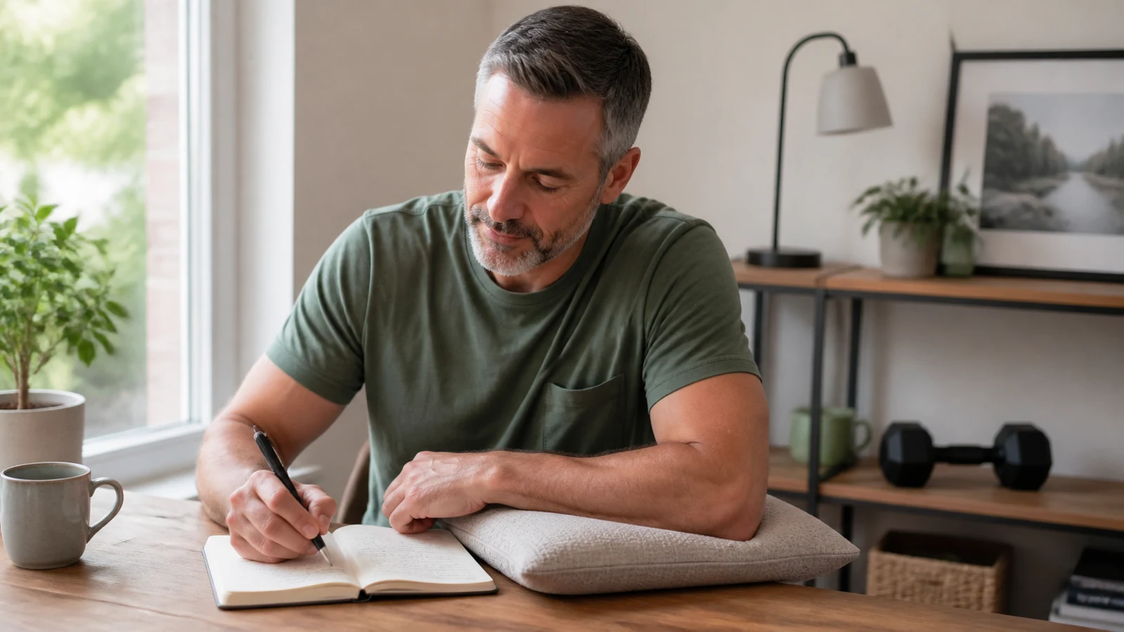 Illustrative photo of a man writing in a notebook with his other forearm resting on a cushion