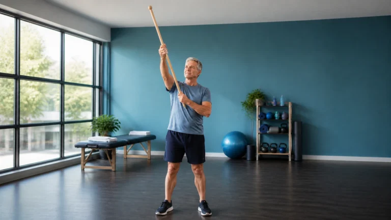 Older man holding a wooden exercise wand in a rehabilitation room