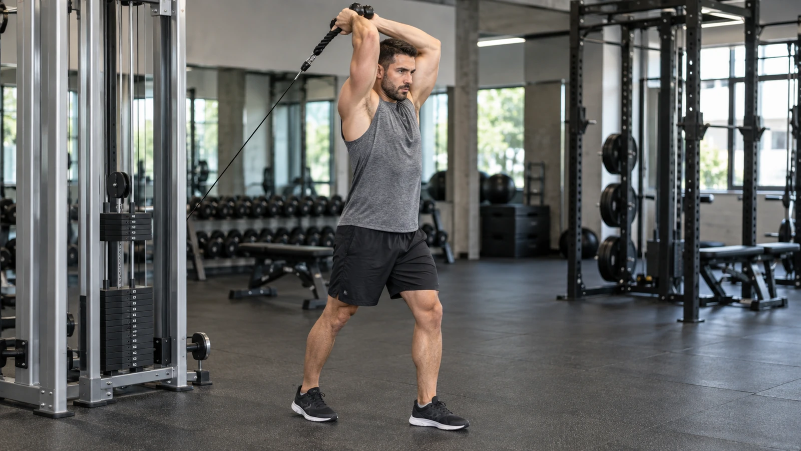 Generic athlete performs a controlled standing overhead rope cable triceps extension