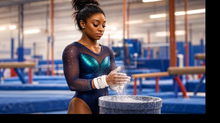 Editorial illustration of Simone Biles chalking her hands in a gymnastics gym