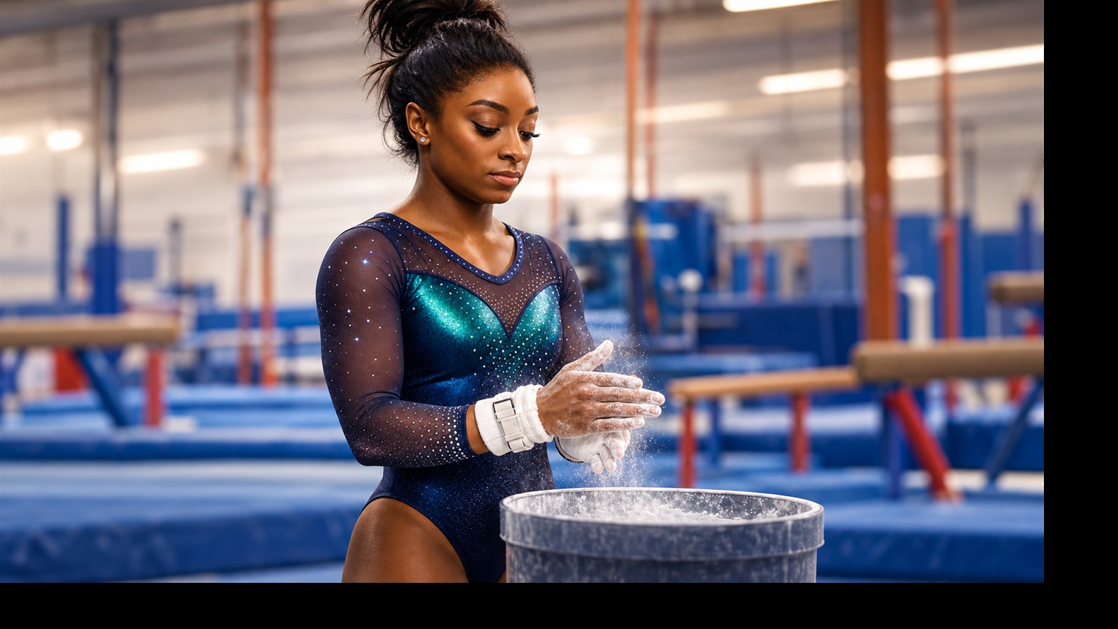Editorial illustration of Simone Biles chalking her hands in a gymnastics gym