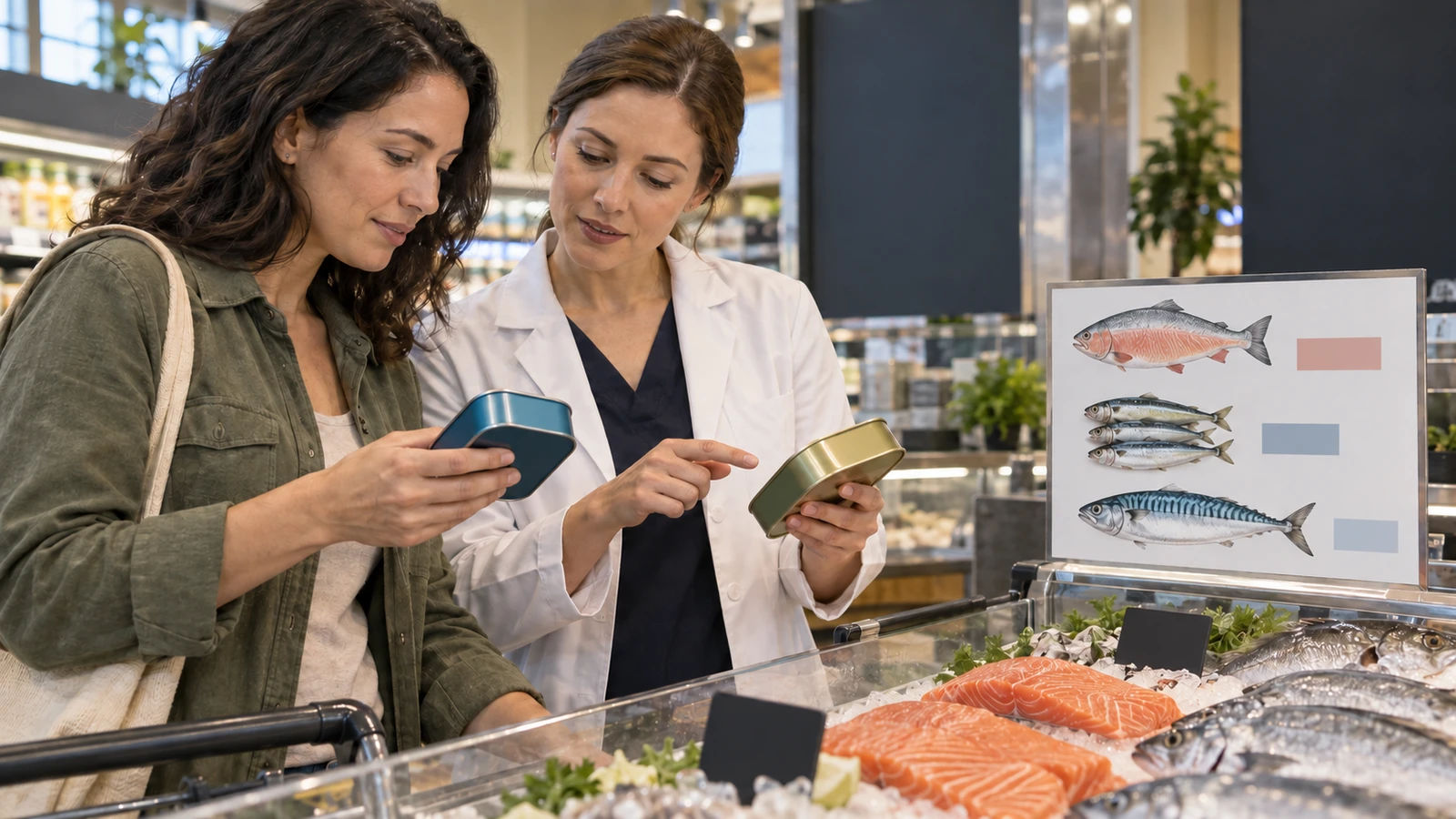 Generic shopper and dietitian compare unbranded canned fish at a seafood counter