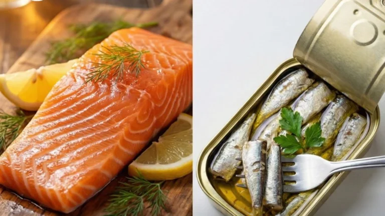 Salmon fillet and an open tin of sardines shown side by side