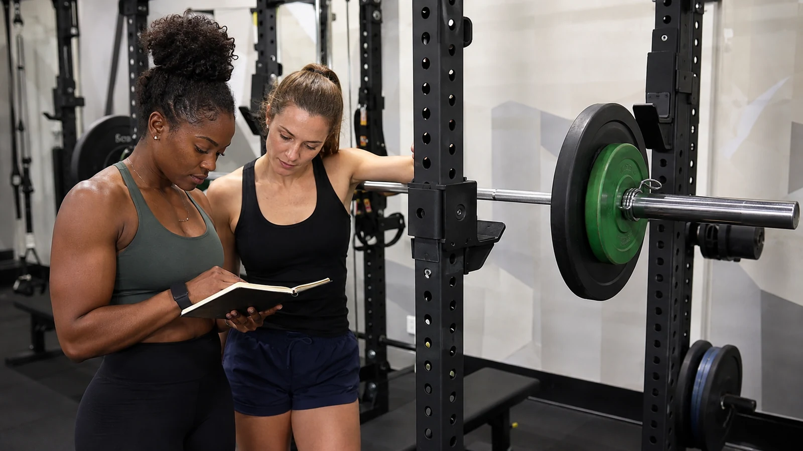 Recreational Black female lifter and coach planning a small squat increase beside a racked bar and training notebook.