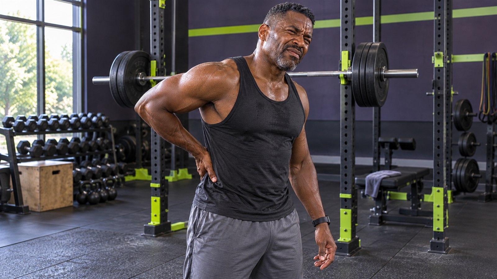 Fitness editorial illustration of an older man in a black tank top holding his lower back beside a gym rack, representing discomfort after exercise.