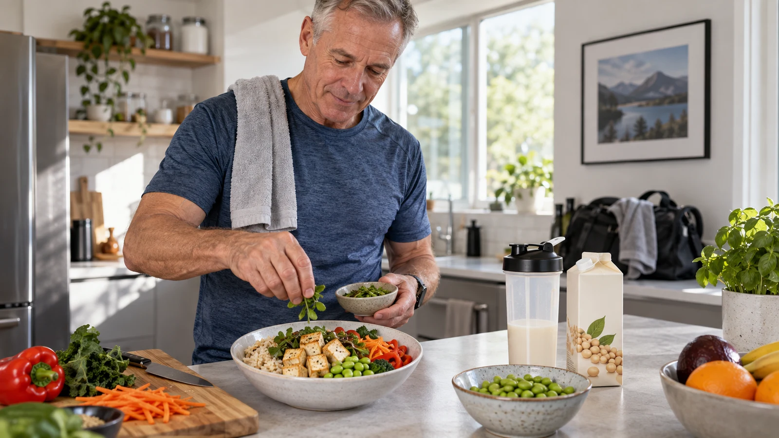 Active older man preparing tofu edamame and vegetables after training