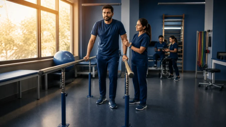 Man holds parallel bars while a therapist stands beside him in a rehabilitation studio.