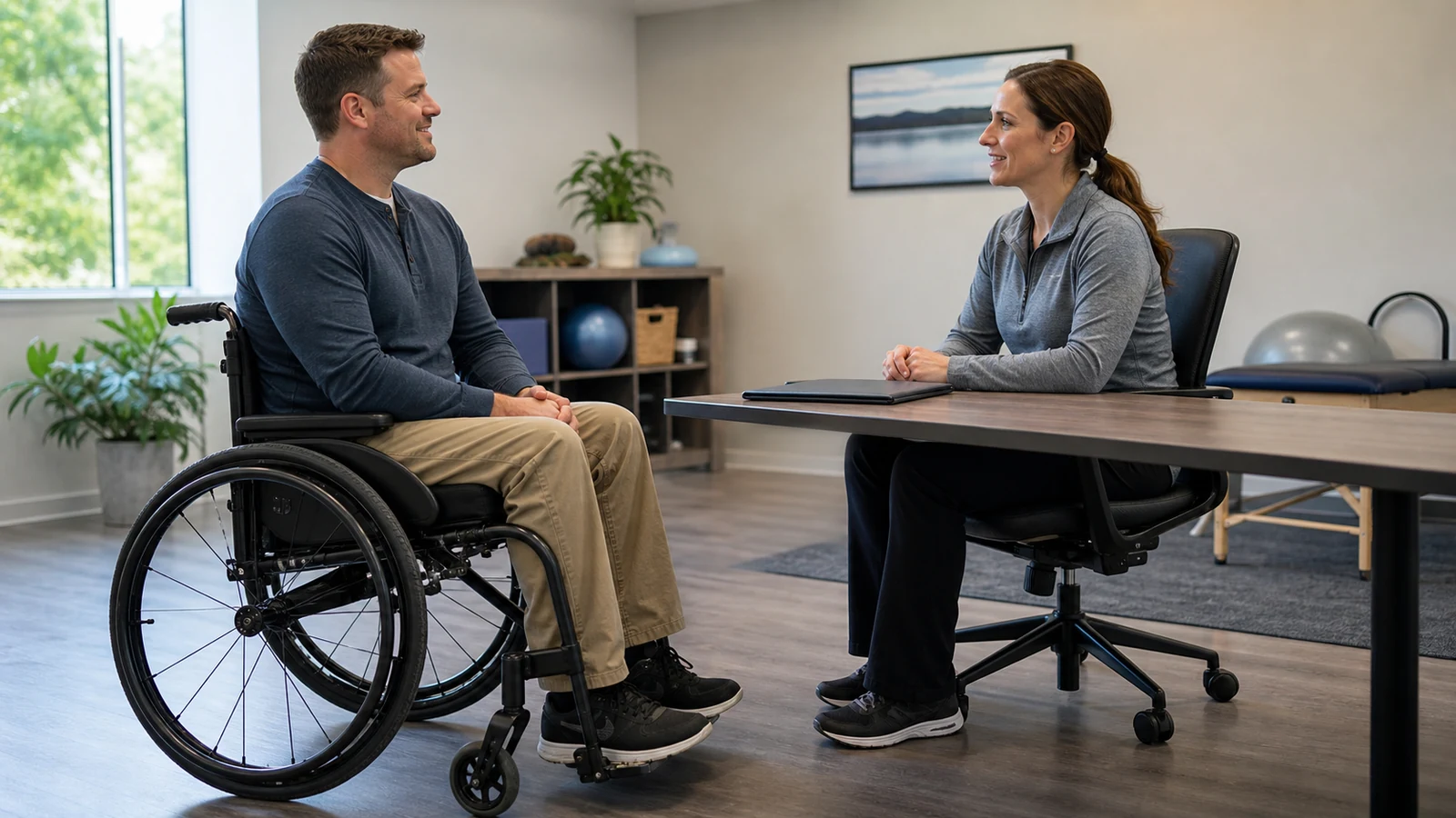 Man in a wheelchair discusses rehabilitation goals with a clinician seated across a desk.