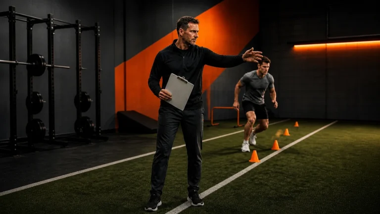 Coach directs an athlete through a cone drill in a strength and conditioning gym