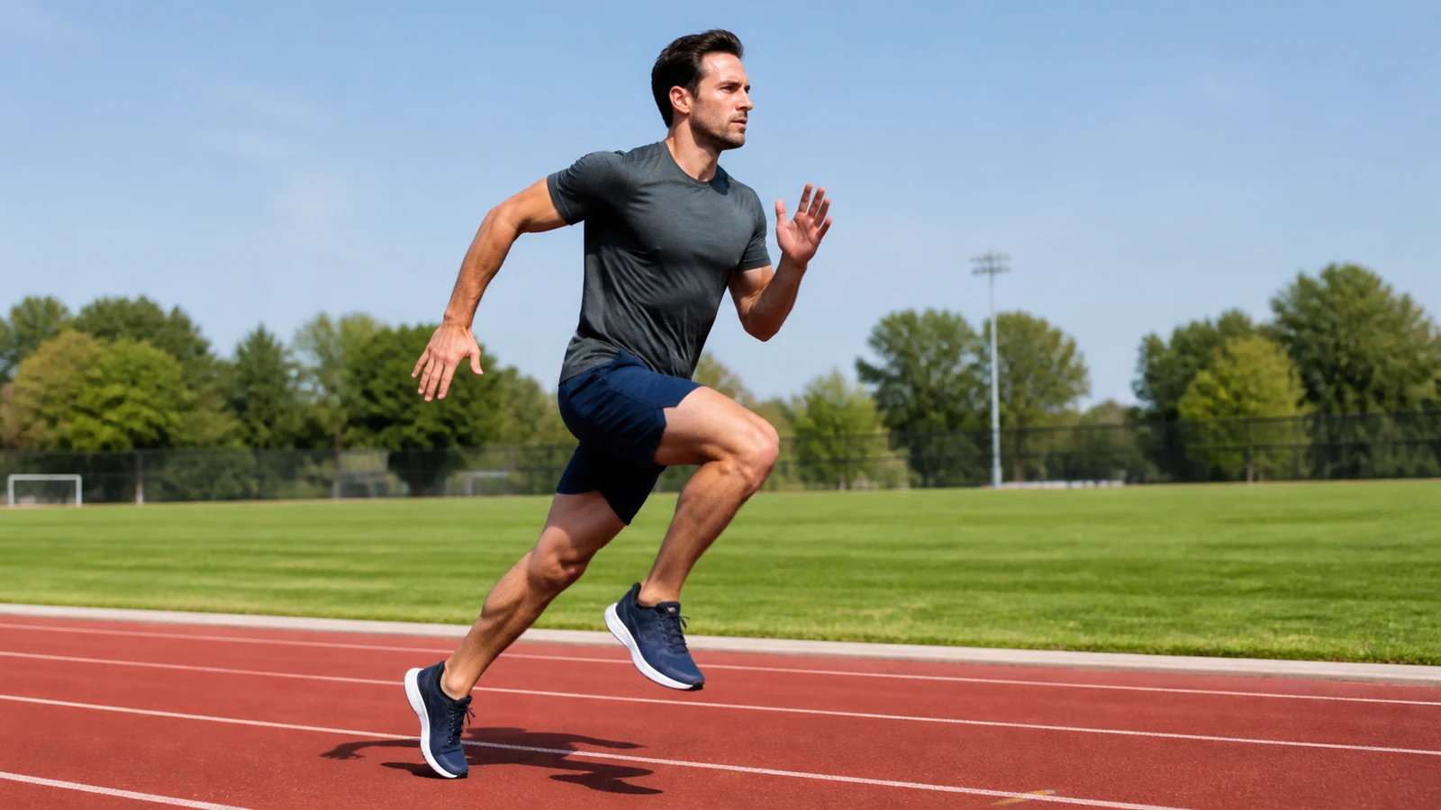 Athlete practicing a sprint on an outdoor running track.