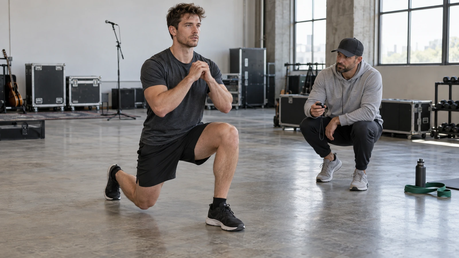Generic musician performing a reverse lunge while a coach times the set in a rehearsal space