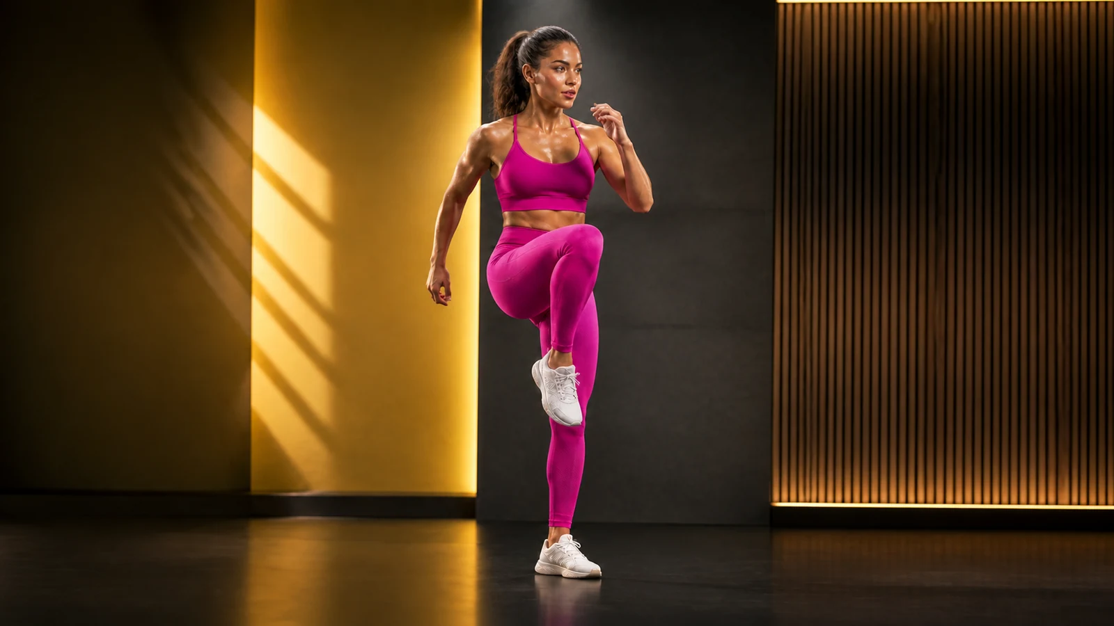 Woman performing a standing knee raise in a gold and charcoal studio.