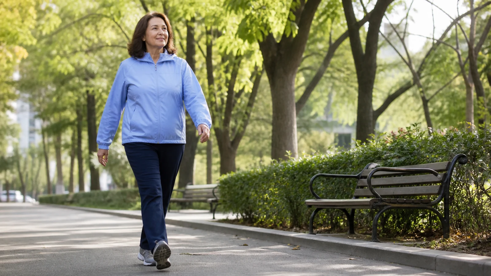 Woman walking along a neighborhood park path in everyday clothes.
