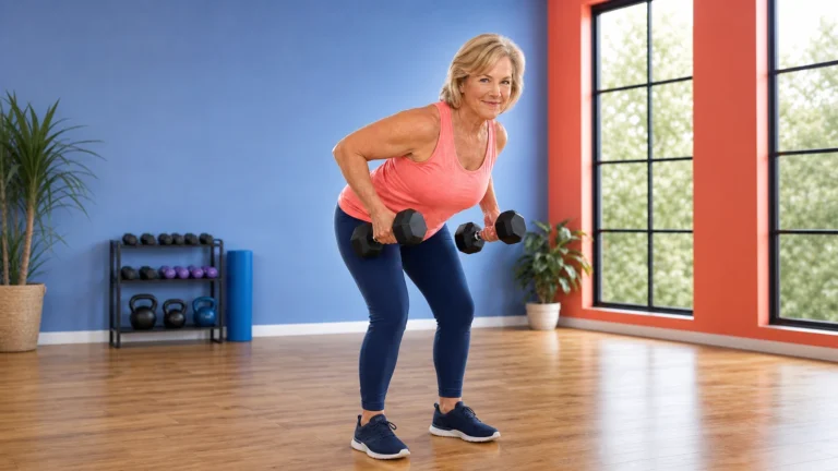 Older woman performing a standing dumbbell row in a bright home exercise space.