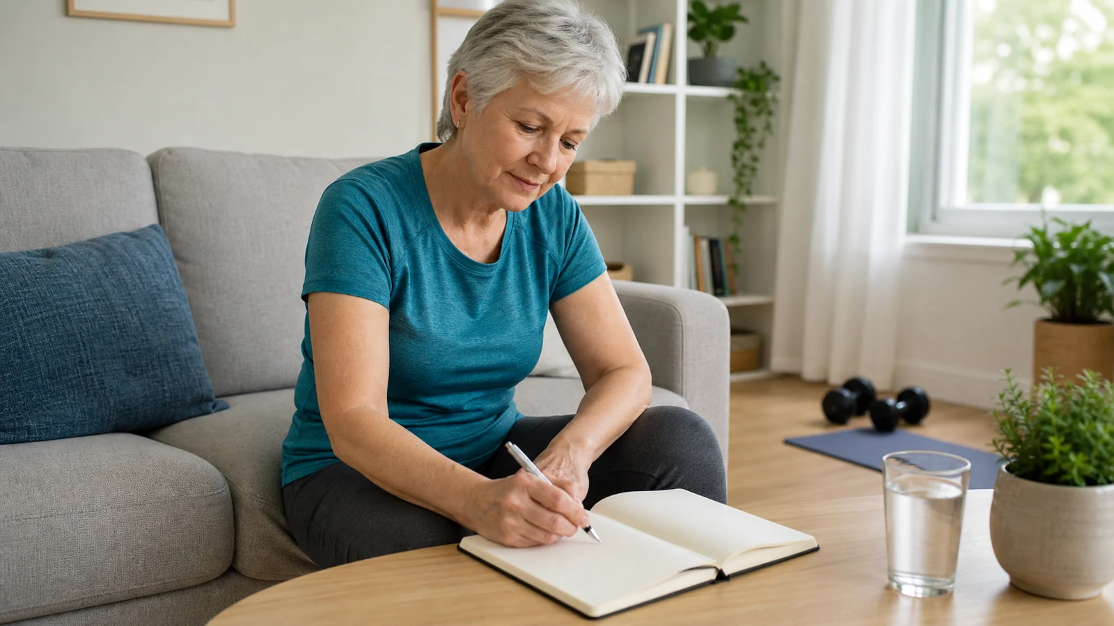 Older woman writing in a workout notebook beside a pair of dumbbells at home.