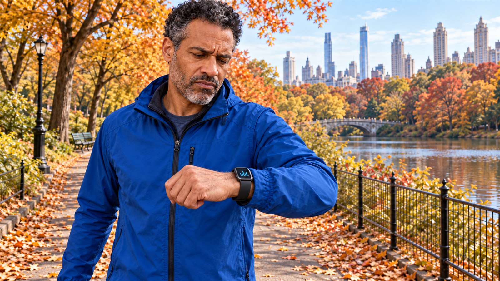 Illustrative man in a blue jacket checking a fitness watch in an autumn park.