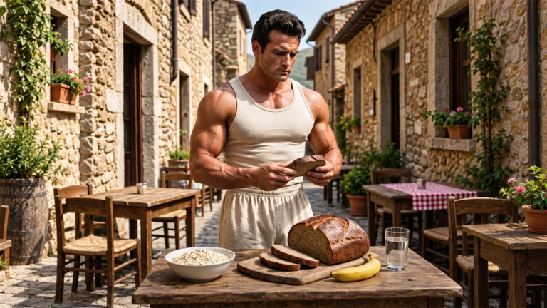 Steve Reeves holding whole-grain bread in a rustic village illustration
