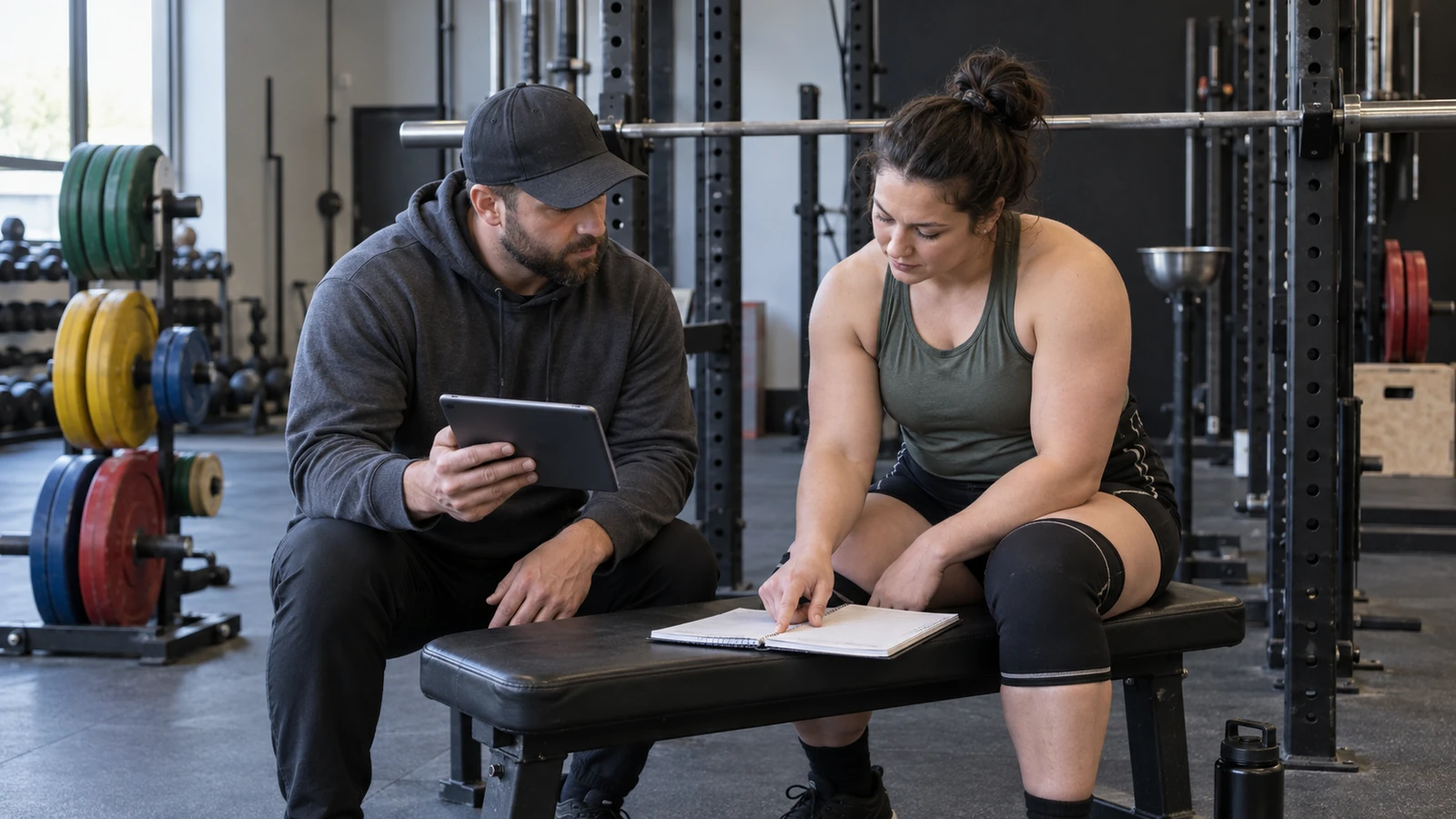 Generic coach and athlete review a training log beside a power rack