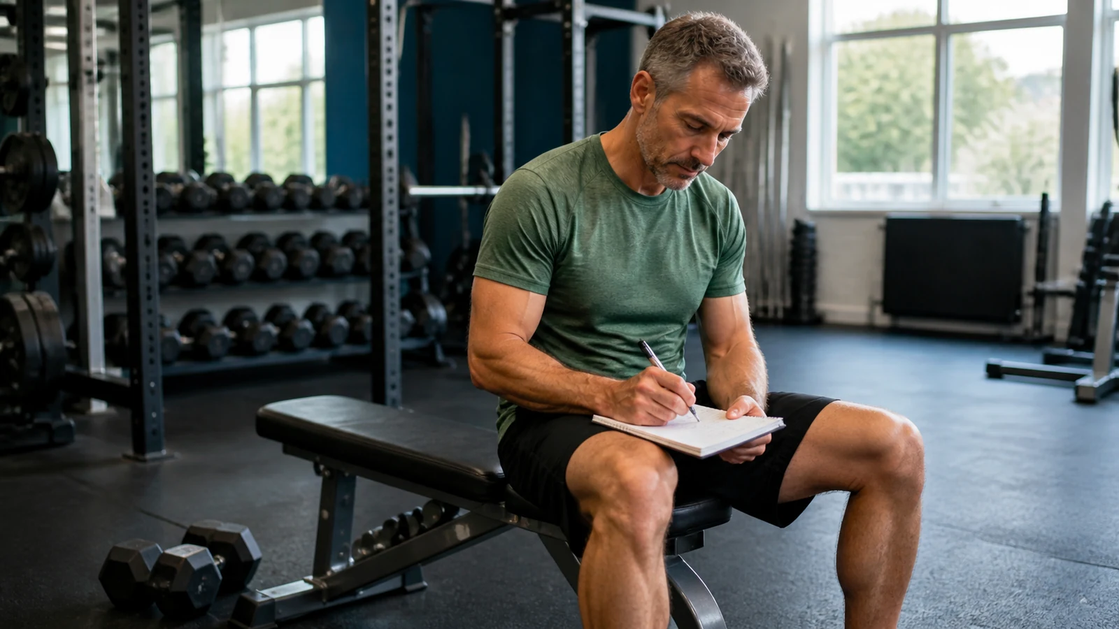 Man seated on a gym bench writes in a workout notebook between sets.