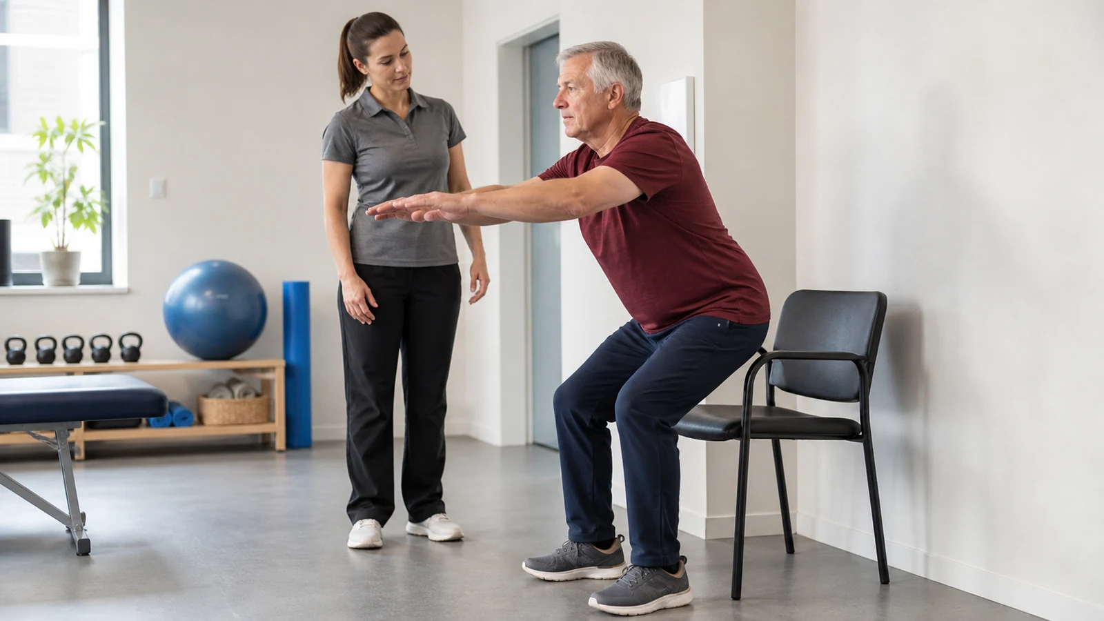 Therapist observes an older man rising from a sturdy chair with both feet on the floor.
